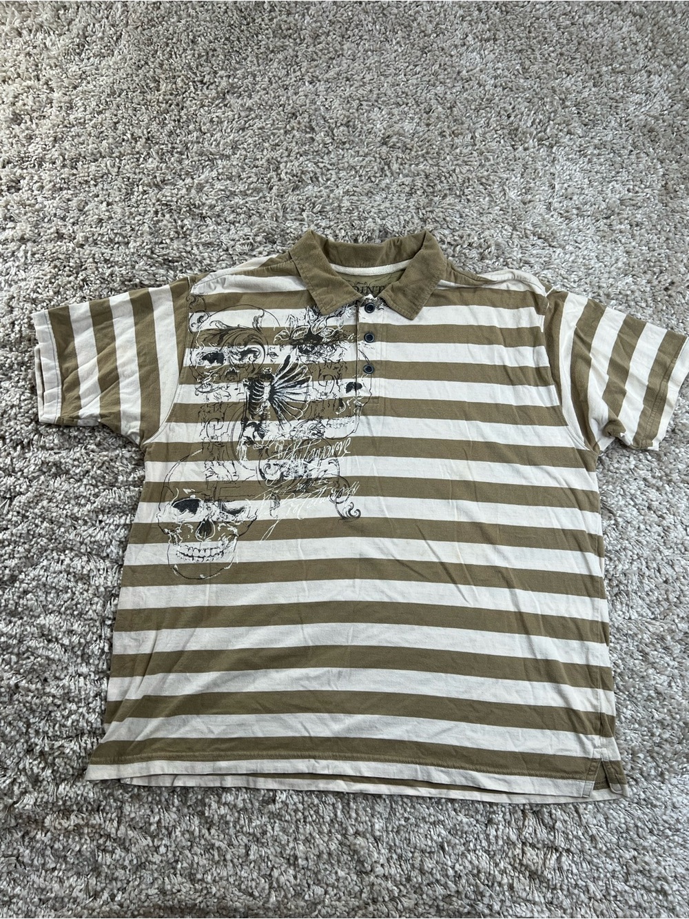 Point Zero Khaki and White Striped Polo with Graphic Detail XL